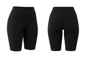 Black women's high-waisted biker shorts, transparent background, isolated subject.