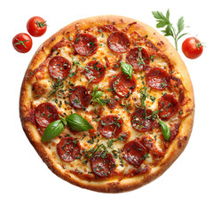 Delicious Pepperoni Pizza with Fresh Herbs Isolated on White Background