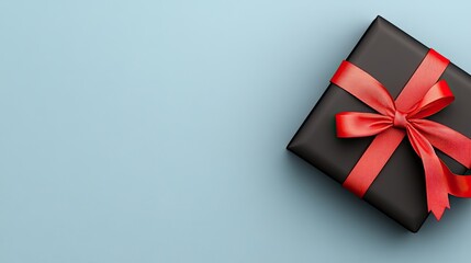 A black gift box adorned with a vibrant red ribbon is placed on a textured gray surface, perfect for Black Friday promotions and festive gifting ideas