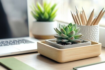 A desk with a laptop and a plant