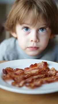 A young boy gazes intently at a plate full of crispy bacon, waiting for his turn to enjoy it