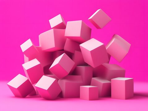 Abstract 3d render of pink cubes in motion floating against a pink backdrop