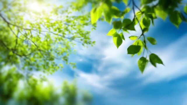 Sun shines through fresh green leaves on a tree branch against a bright blue sky on a lovely spring day