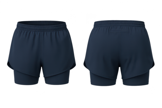 Dark blue two-in-one athletic running shorts isolated on transparent background