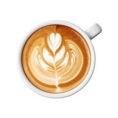 Transparent PNG available A top view of a latte with beautiful, intricate latte art in the shape of a leaf, served in a white cup isolated on transparent background.