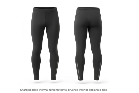 Charcoal black thermal running tights, front and back, isolated on transparent