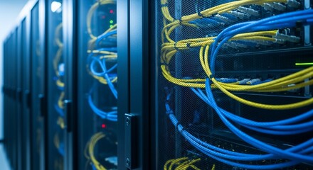 High-tech data center with vibrant yellow and blue cables providing powerful connectivity solutions for modern businesses and global networks