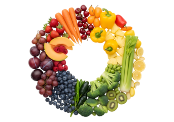 A colorful ring of fresh fruits and vegetables, isolated on transparent background