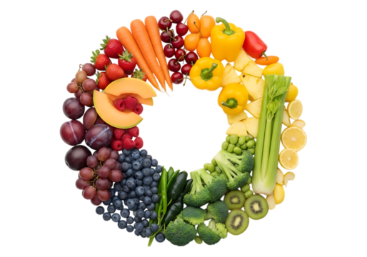 A colorful ring of fresh fruits and vegetables, isolated on transparent background