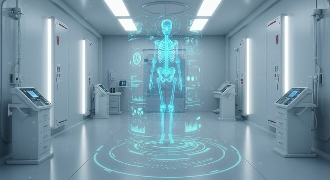 Futuristic medical laboratory featuring a human skeletal hologram projection surrounded by digital interface displays and diagnostic equipment within a sterile, bright, and modern environment,... - Powered by Adobe