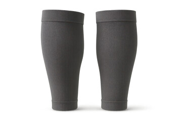 Ribbed charcoal gray compression leg sleeves isolated on transparent background.