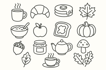 Cozy autumn breakfast icons: coffee, croissant, pancakes, apple, and more in outline style