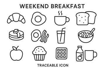 Weekend breakfast icon set: coffee, eggs, pancakes, croissant, cereal, juice, waffle, muffin