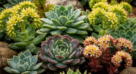 Obraz premium Vibrant Cluster of Stonecrop Succulent Plants (Sedum/Echeveria) with Yellow and Pink Blooms