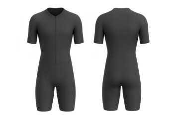 Blank black cycling skinsuit front and back isolated on transparent background