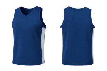 Front and back view of a blue athletic jersey with white stripes, isolated on transparent background
