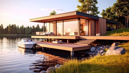 Fototapeta premium Lakeside Modern Home with Boat, home sits peacefully on the edge of a serene lake