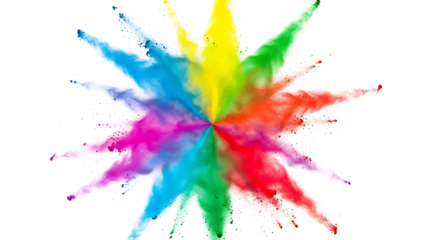 Explosion of colorful powder paint in a starburst pattern, isolated on transparent background