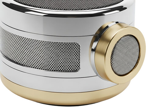 Closeup detail of a modern microphone grill and metallic casing with gold accents, isolated on transparent background