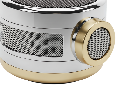 Closeup detail of a modern microphone grill and metallic casing with gold accents, isolated on transparent background