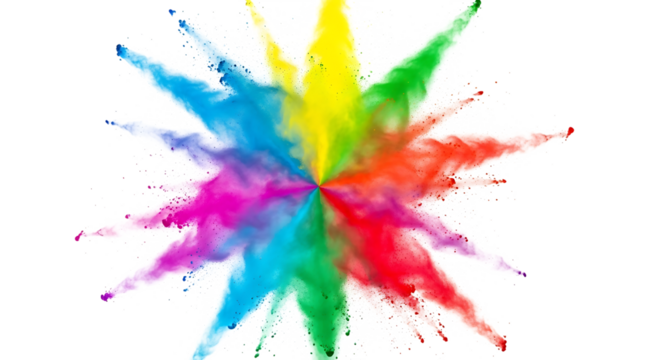 Explosion of colorful powder paint in a starburst pattern, isolated on transparent background