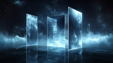 Dark blue space background with floating frames, creating a futuristic, digital, and immersive visual atmosphere with depth and modern abstract aesthetics