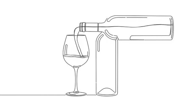 Wine Bottle and Glass Continuous Line Art Animation.