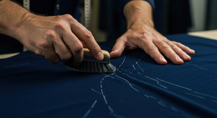 shot shows a tailor carefully brushing away markings on navy blue fabric, revealing the detailed process of garment creation with precision and craftsmanship, showcasing expert tailoring skills.