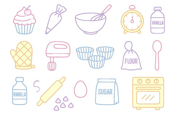 Baking essentials: whisk, cupcake, oven, sugar, flour, vanilla illustrations