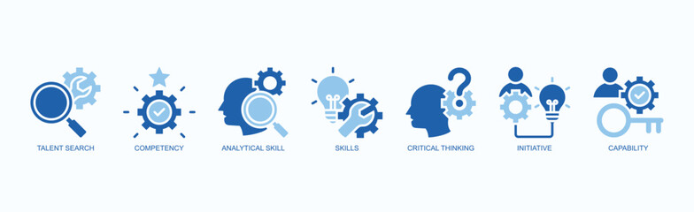 Powering Competence Icon Set Isolated Vector With Icon Of Talent Search, Competency, Analytical Skill, Skills, Critical Thinking, Initiative, Capability In Two Color Glyph Style