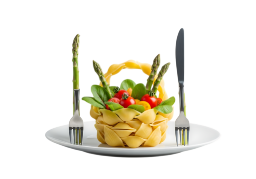A creative pasta basket filled with asparagus and cherry tomatoes, served with forks and a knife on a plate, isolated on transparent background