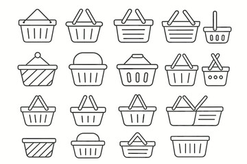 Various styles of shopping baskets: collection of 16 minimalist icons