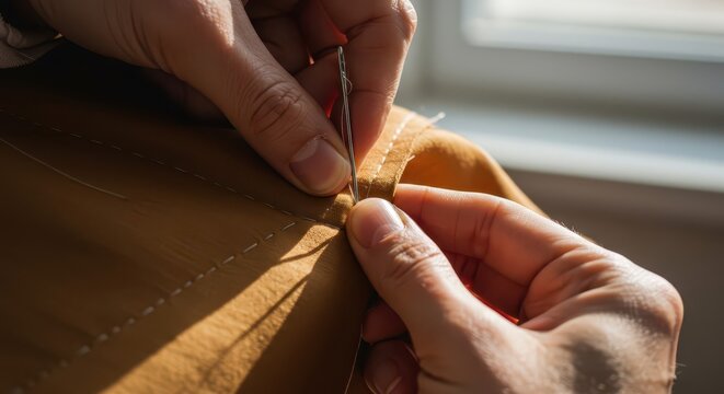 Human hands carefully sew fabric with a needle and thread, demonstrating the process of needlework. The image showcases intricate stitching details and precise craftsmanship.
