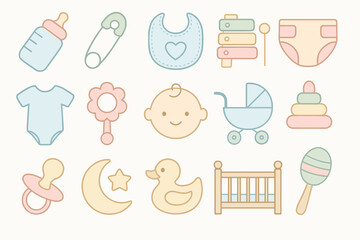 Pastel baby icons collection: bottle, rattle, crib, diaper, and more