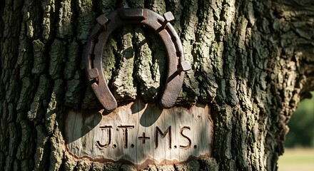 Horseshoe and initials carved into tree bark, rustic charm.
