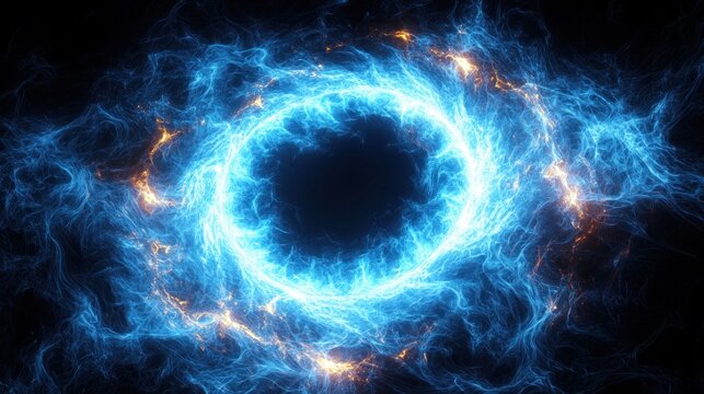 Electric blue ring of light flares against a dark void, plasma-like - Powered by Adobe