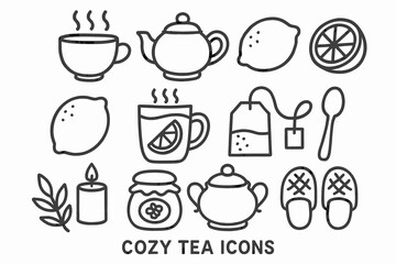 Cozy tea icons: teapot, cup, lemon, candle, teabag, slippers