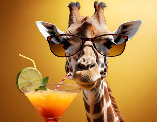 Portrait of giraffe in sunglasses with cocktail, portrait of a giraffe, giraffe close up