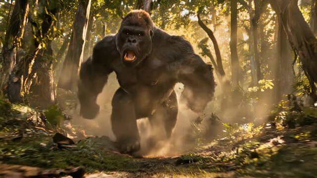 Cinematic Slow Motion of a Powerful Gorilla Charging Through Jungle.