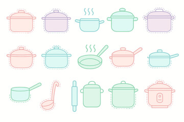 Colorful outline of various cooking pots and utensils in pastel shades