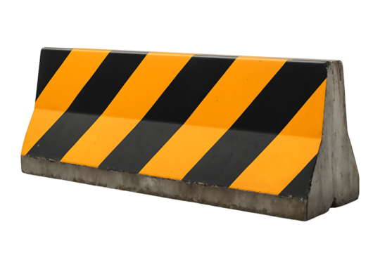Concrete jersey barrier with yellow and black stripes isolated on transparent background