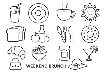 Outline icons of brunch items: coffee, food, sun, hat, and bag