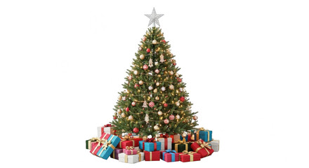 Christmas tree with gifts isolated on transparent background is ready for holiday