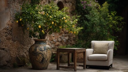 A ceramic vase with a lemon tree, next to an armchair and a small wooden table in the garden of an ancient stone house.
