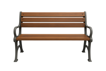 Classic park bench with wooden slats and metal frame isolated on transparent background