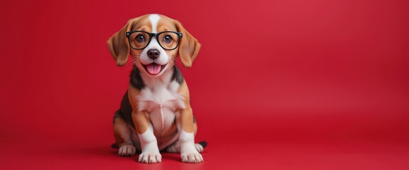 Cute beagle puppy wearing glasses on red background.
