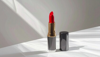 Describe a vibrant red lipstick in sleek metallic casing, standing upright with cap beside it on a white surface. Highlight its glossy finish, bold color, and appeal in fashion and beauty contexts.