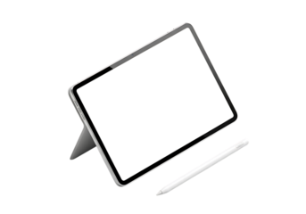 Modern tablet computer with stylus pen, isolated on transparent background