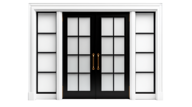 Elegant Black French Doors with Golden Handles on transparent background - Powered by Adobe