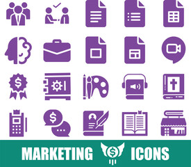 Purple Marketing and Business Icons Set on White Background